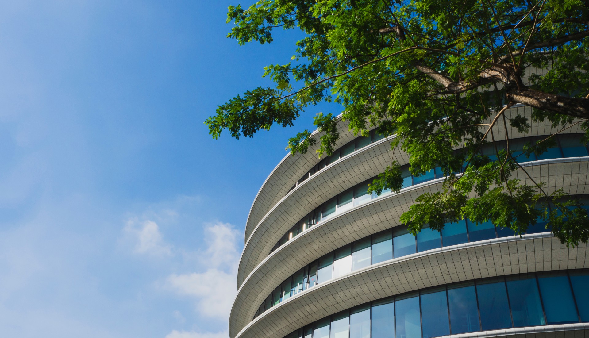 Immeuble circulaire vitré sous ciel bleu, encadré par des arbres — DPE collectif