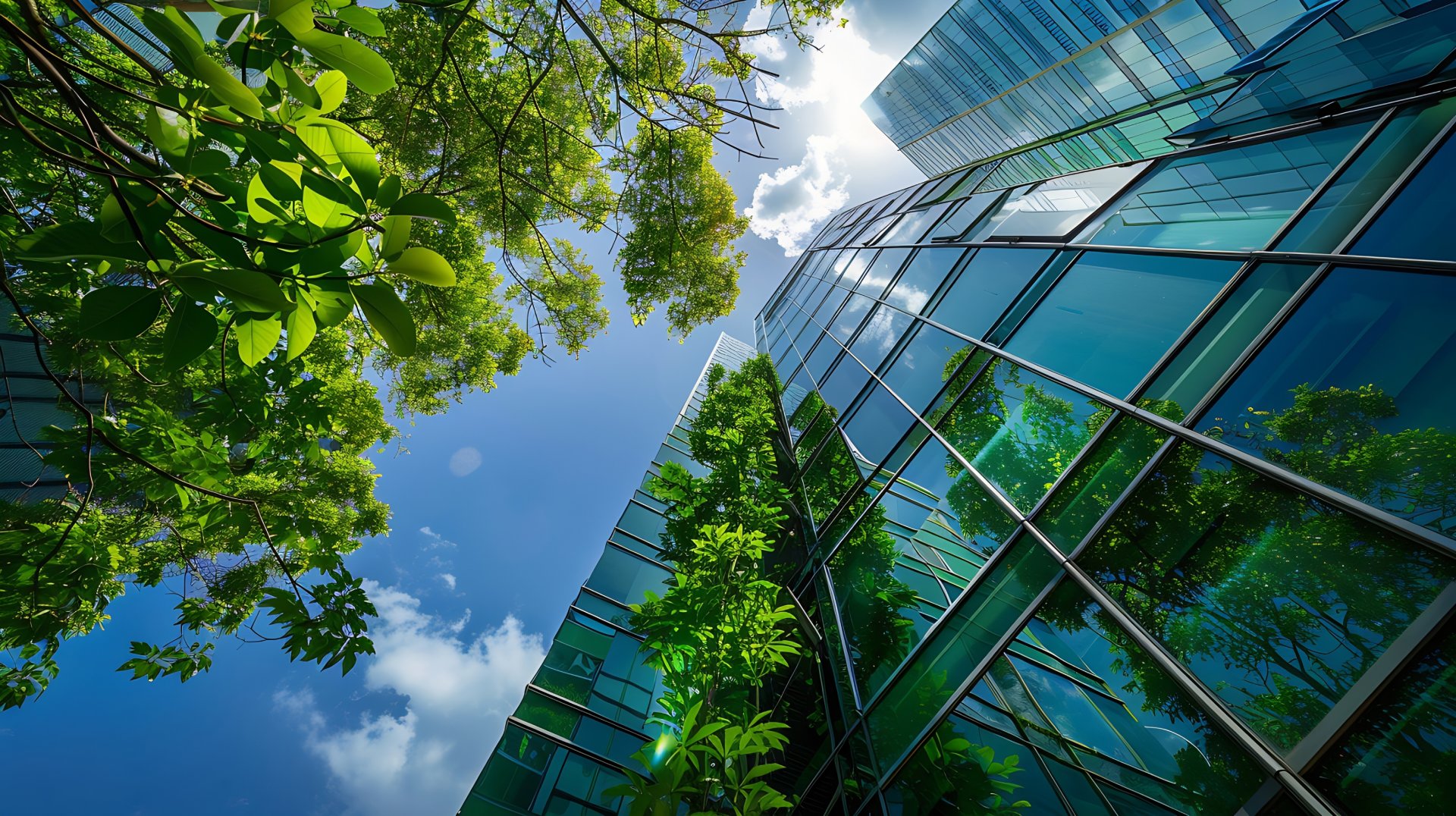 Gratte-ciel vitré reflétant la verdure sous ciel bleu — audit énergétique