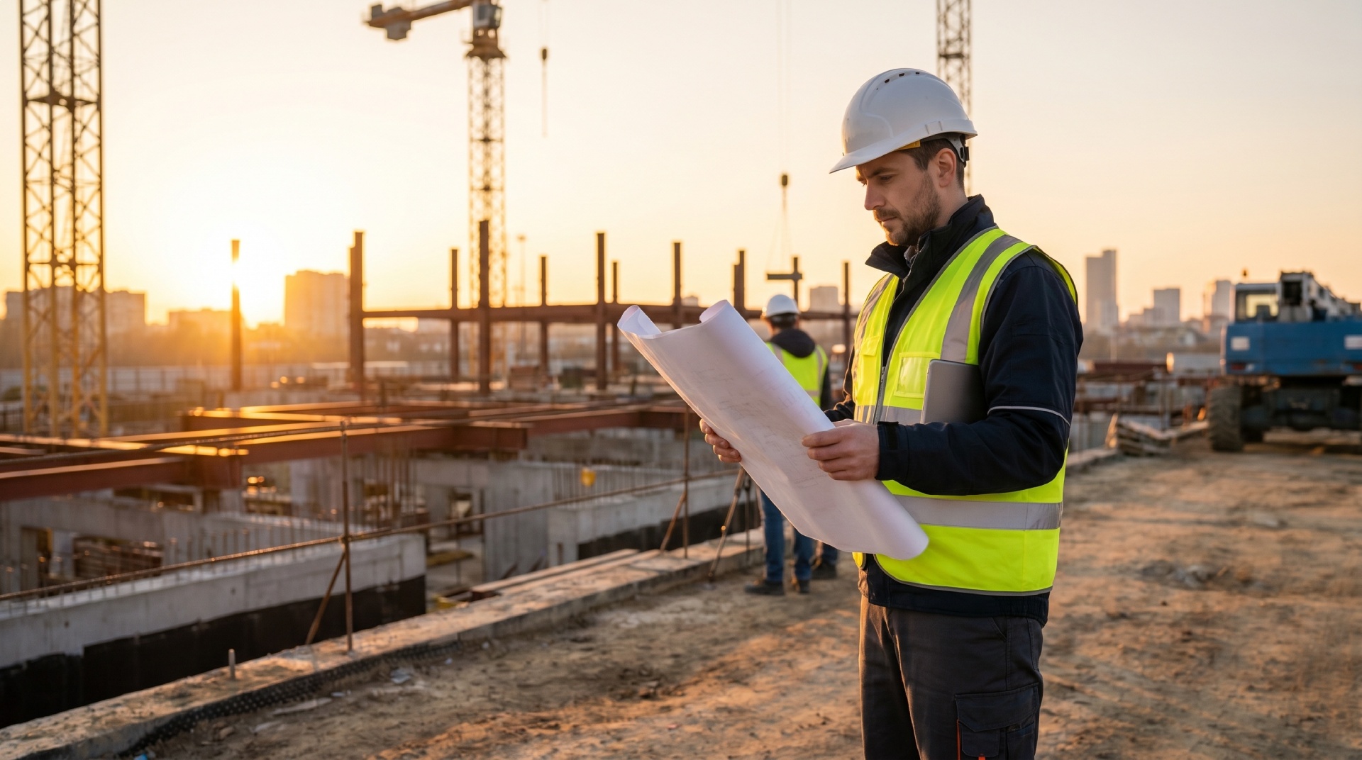 Ingénieur en gilet jaune consultant des plans sur un chantier au coucher du soleil