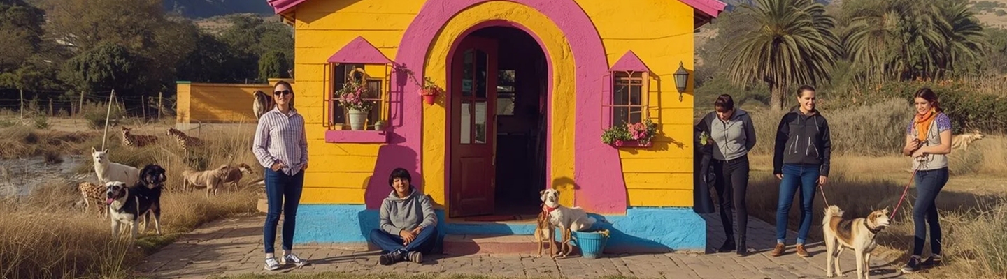 Équipe avec chiens devant une petite maison colorée en campagne ensoleillée