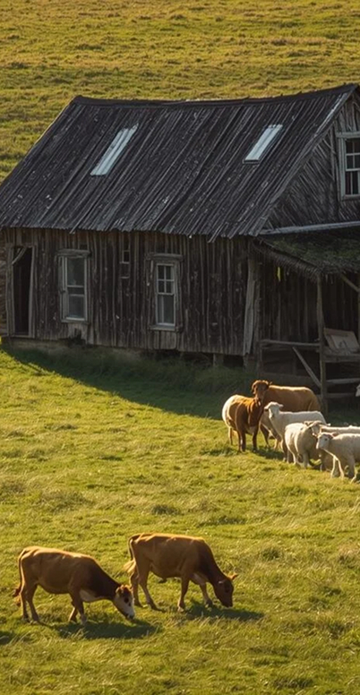 Ferme en bois rustique avec vaches et moutons au pâturage sous lumière dorée