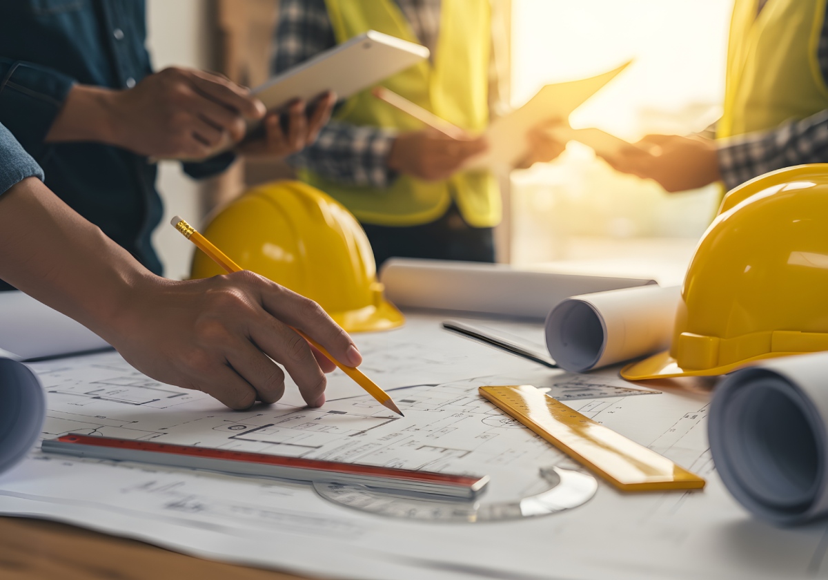 Plans de construction et casques jaunes sur table — PPPT